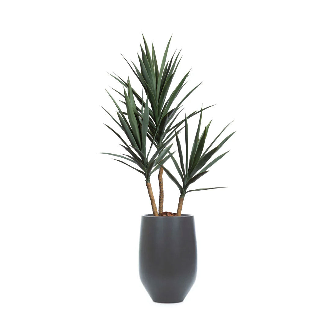 Artificial yucca plant with green spiky leaves in a modern black tapered pot