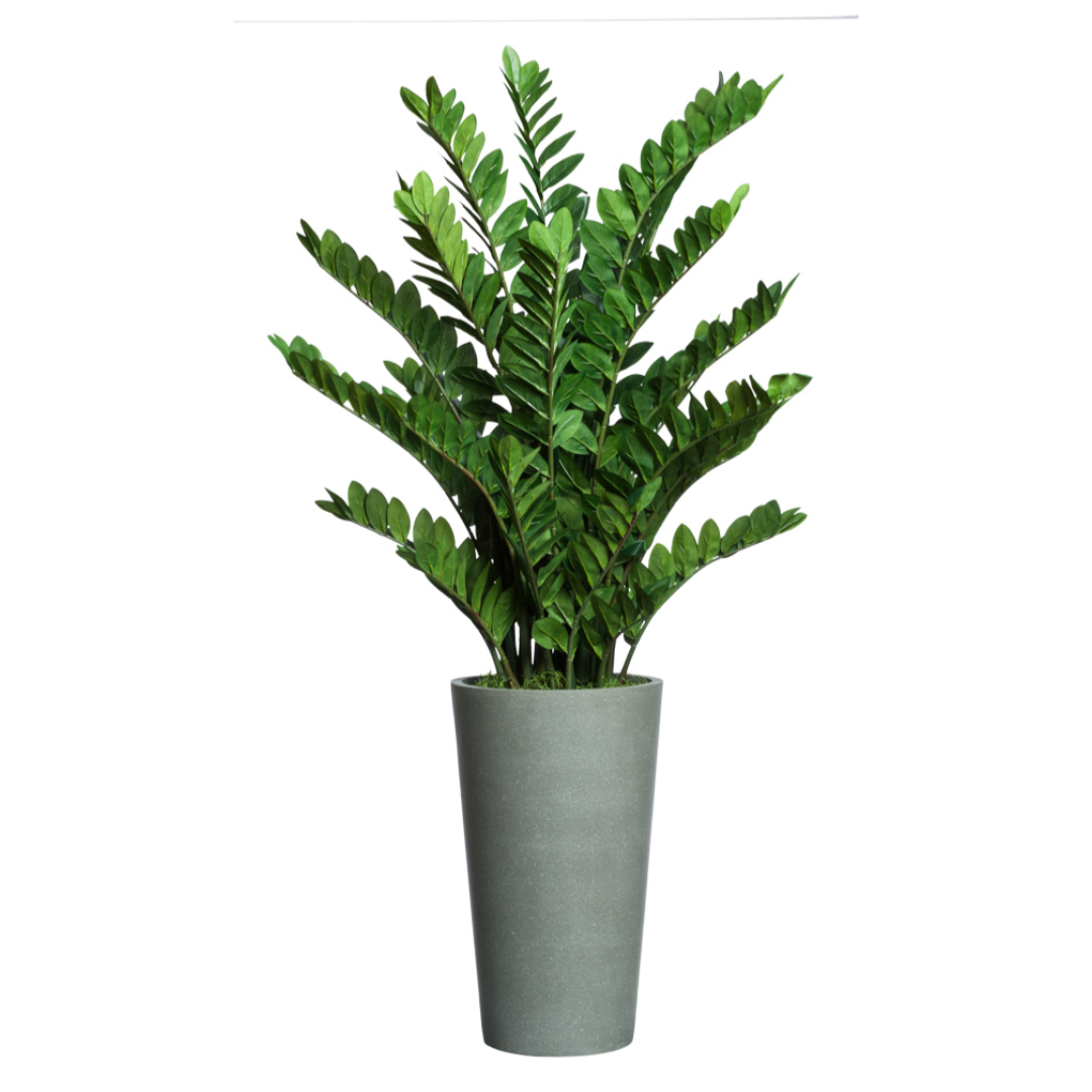 Artificial zamioculcas plant with lush green leaves in a tall, modern gray planter