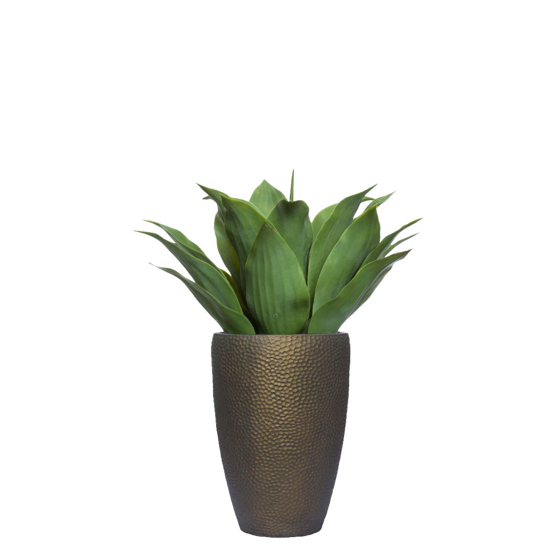 Artificial agave plant in textured bronze planter, modern decorative greenery