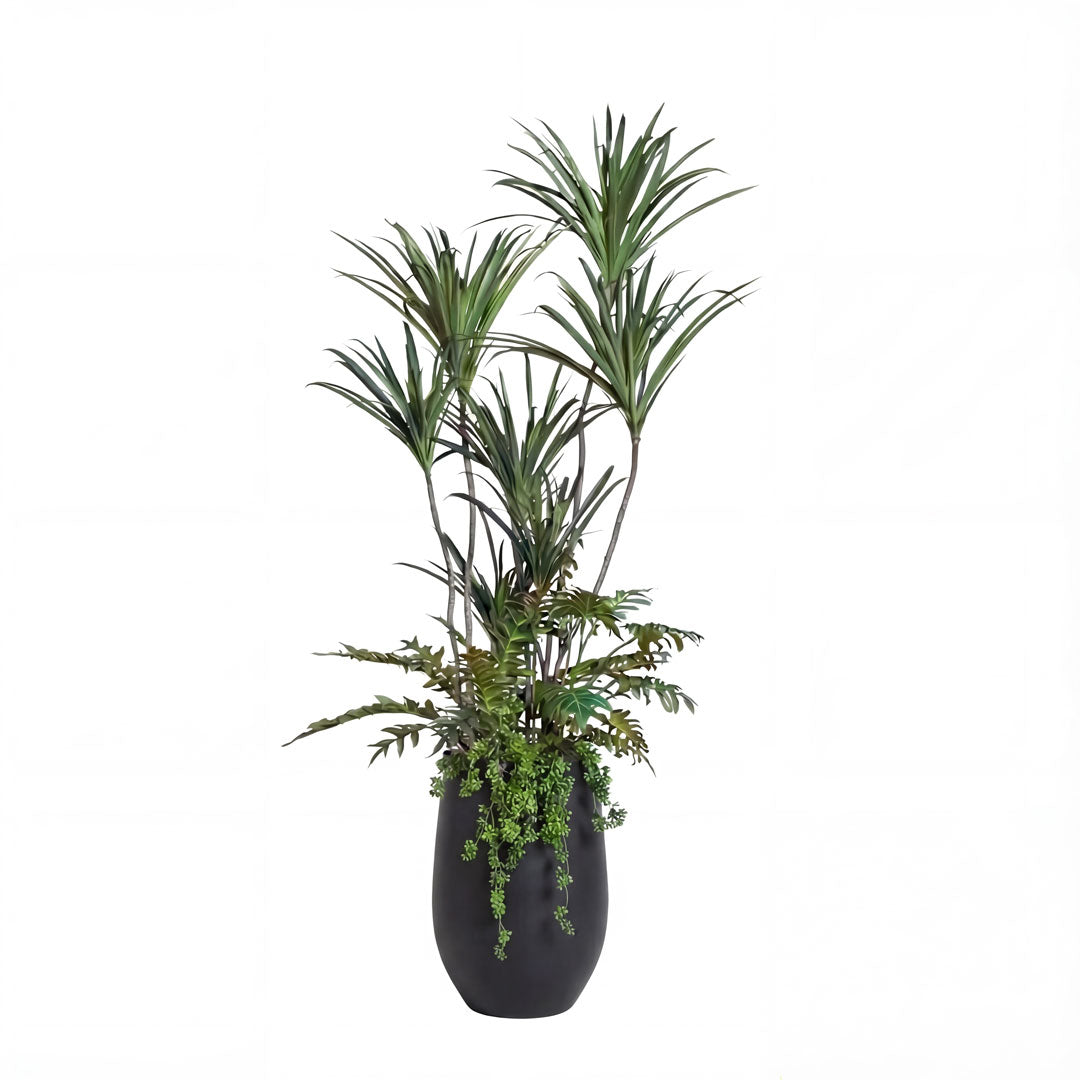Artificial dracaena plant arrangement with mixed greenery in a modern black vase