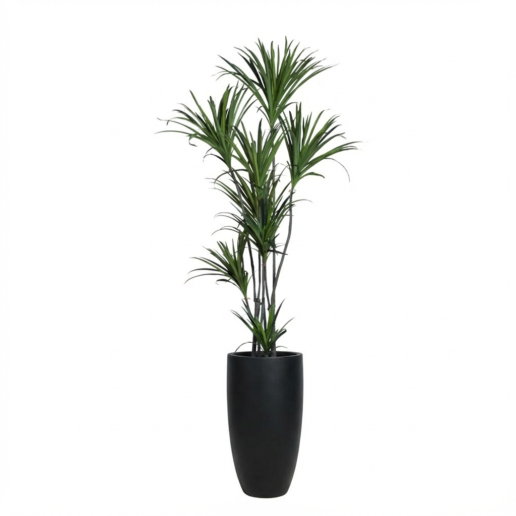 Artificial palm plant with slender green leaves in a tall black planter, modern decor