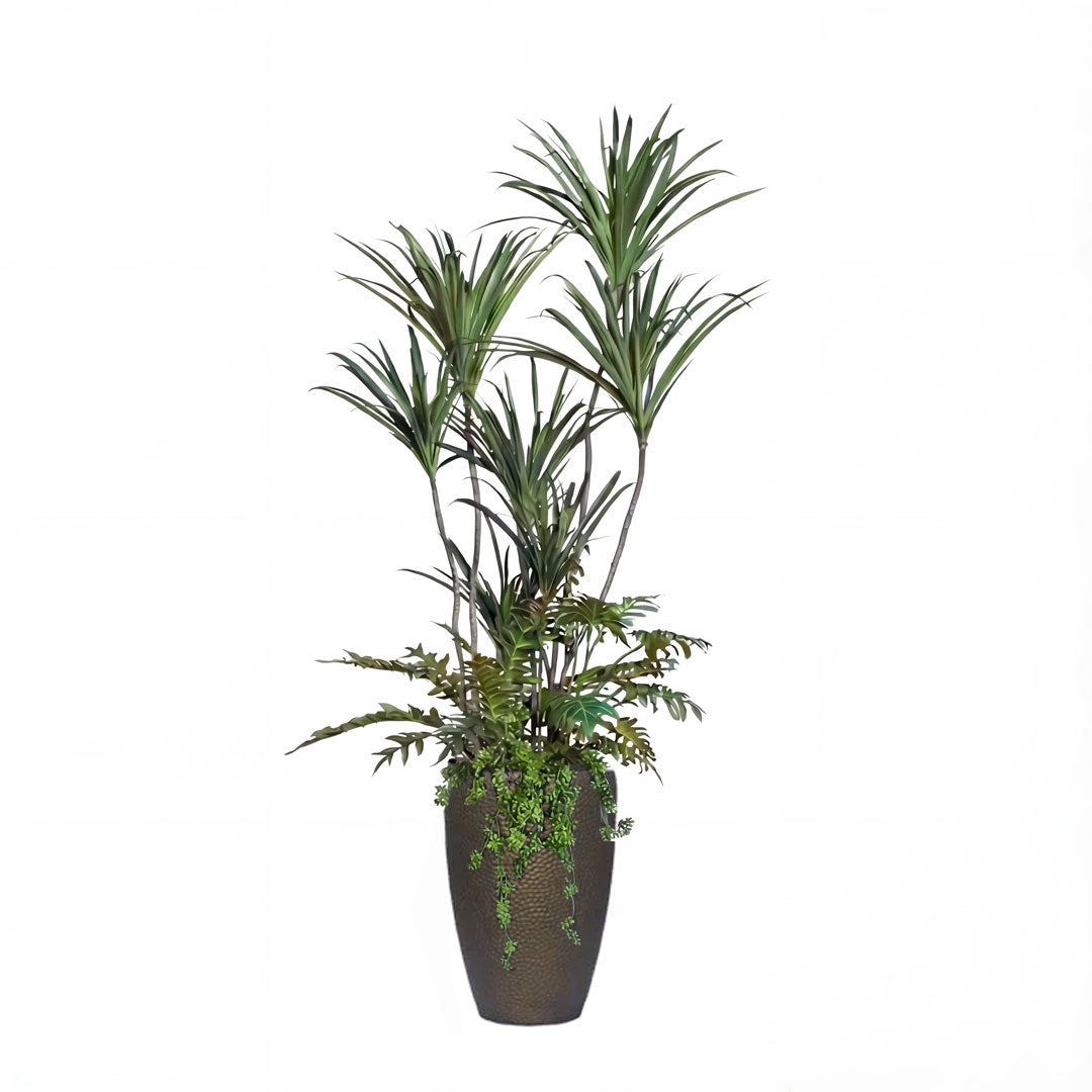 Artificial tropical plant arrangement with tall green leaves in a bronze textured vase