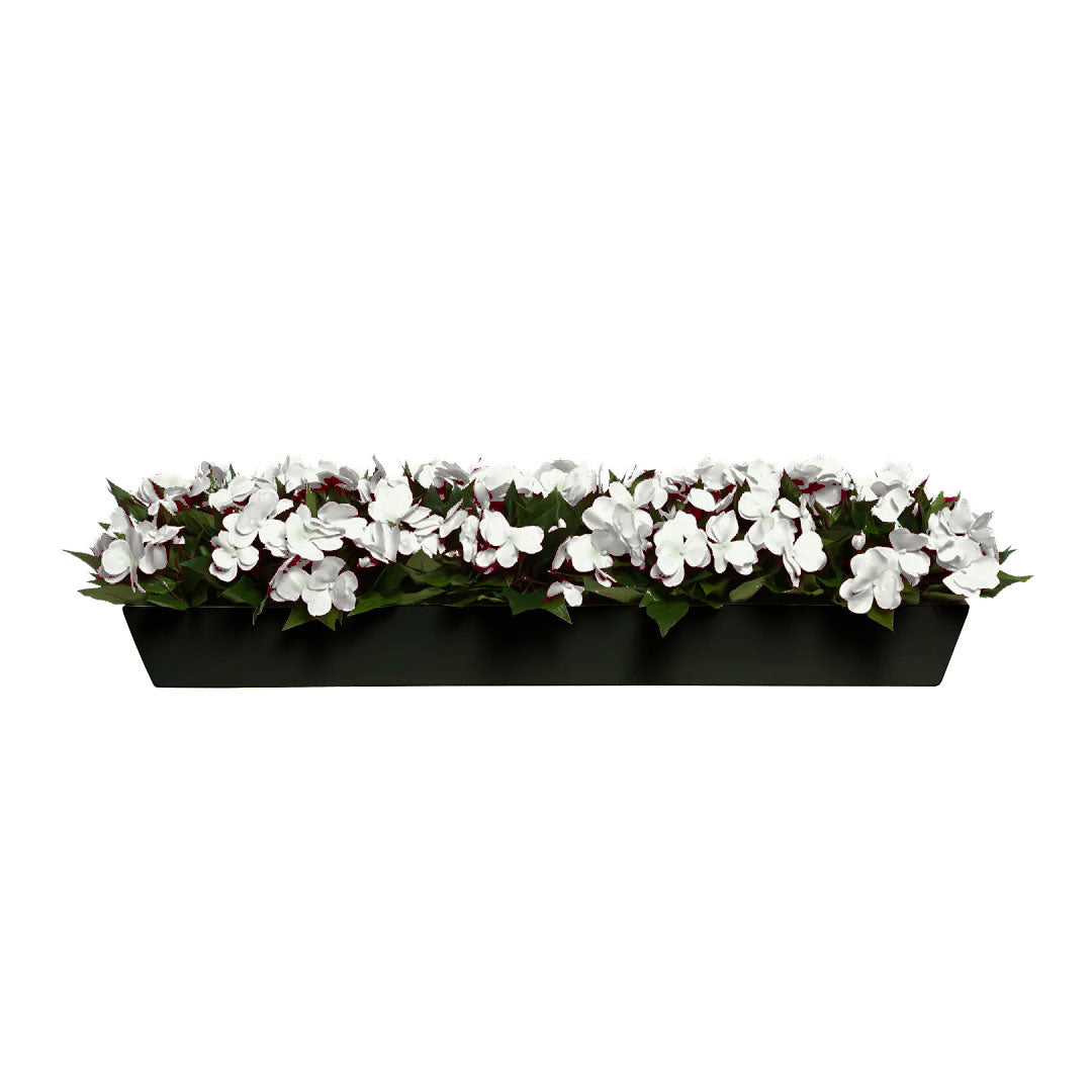 White artificial impatiens flowers in a black rectangular planter, realistic faux botanicals