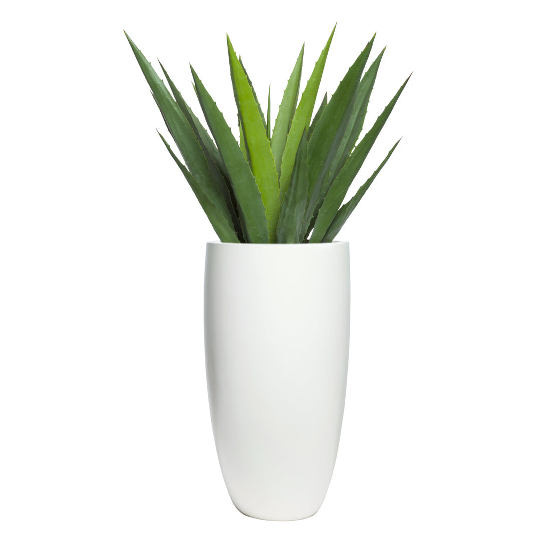 Artificial aloe plant with pointed green leaves in a tall smooth white pot