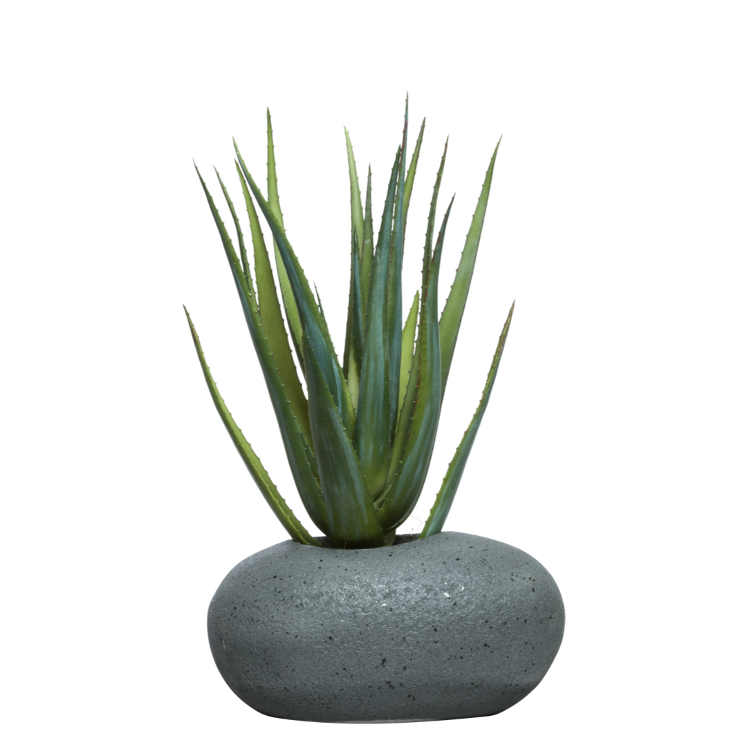 Artificial aloe vera plant in a smooth grey stone pot, realistic faux greenery