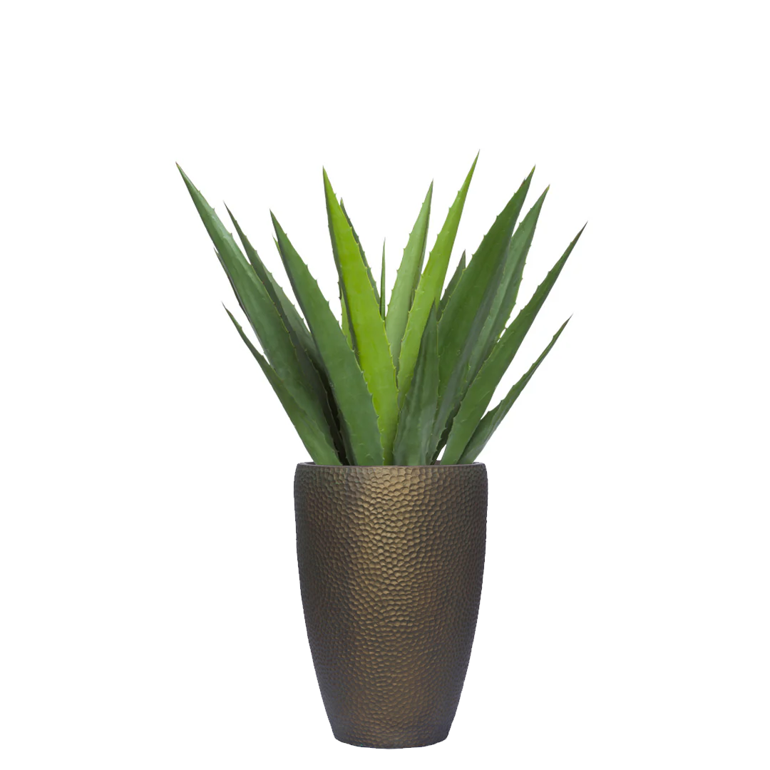 Artificial aloe plant in textured bronze vase, modern faux greenery home decor