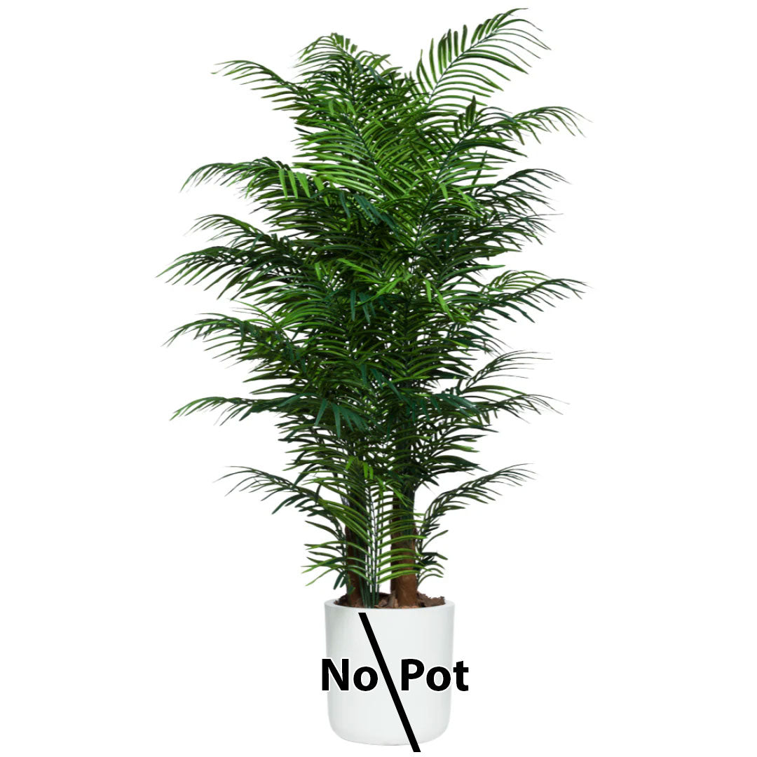 Artificial areca palm plant with lush green leaves, shown in a white pot labeled No Pot
