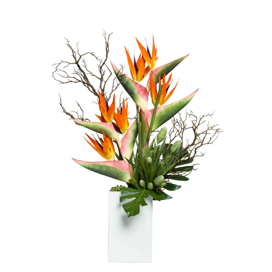 Artificial Bird of Paradise flower arrangement with greenery in a white textured vase
