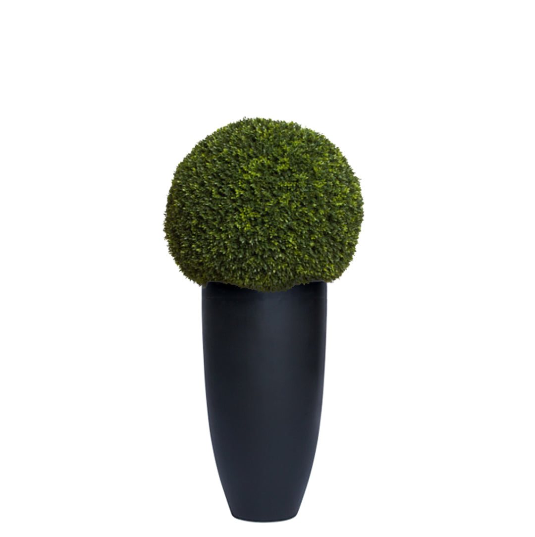 Artificial boxwood topiary in a tall black planter, realistic greenery décor