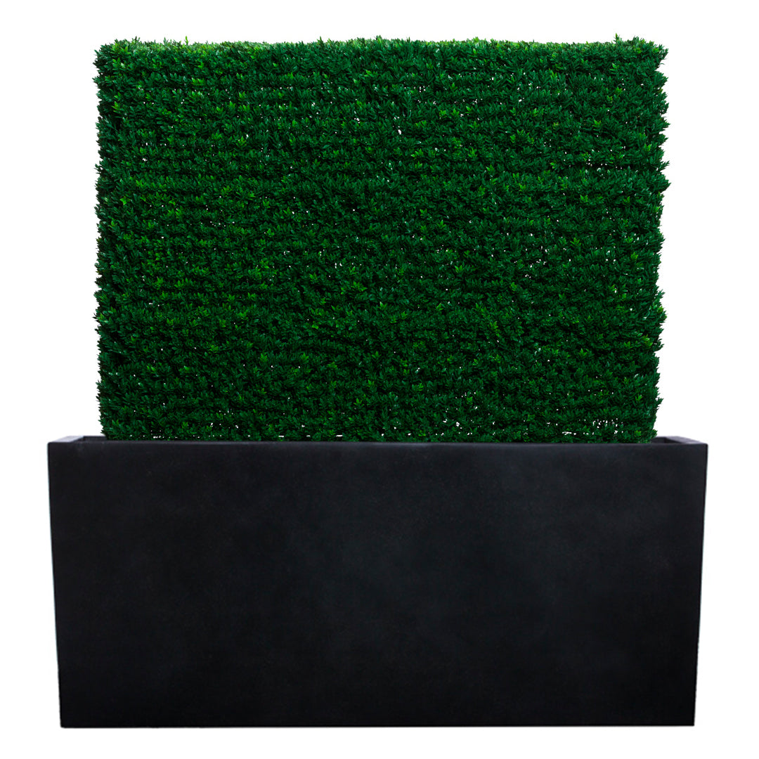 Artificial boxwood hedge in black rectangular planter, realistic greenery decor