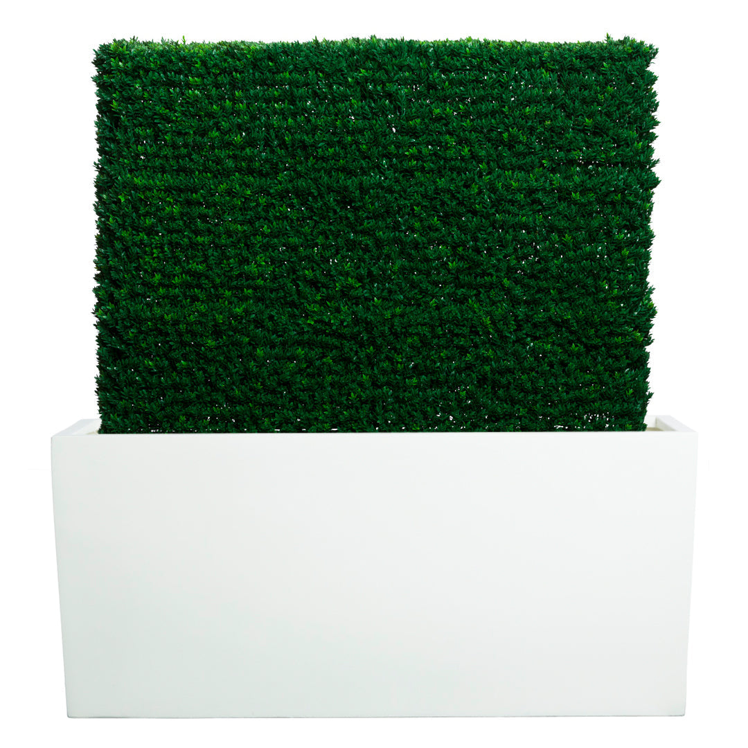Rectangular artificial boxwood hedge in a modern white planter, vivid green foliage