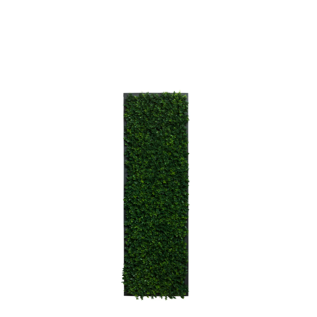 Rectangular artificial boxwood hedge wall panel with dense green foliage