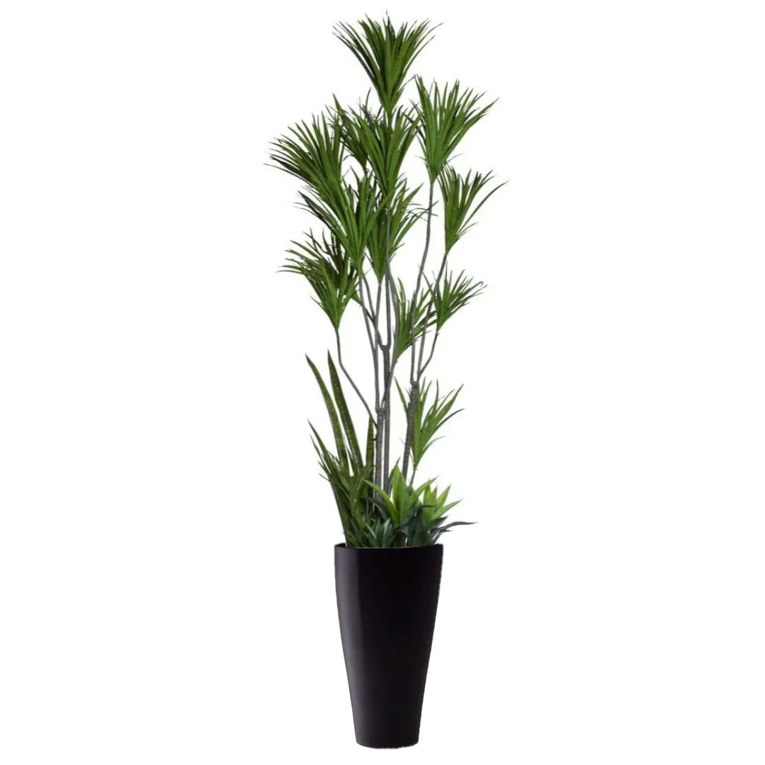 Artificial Dracaena mix plant with green leaves in a tall black planter, isolated on white.