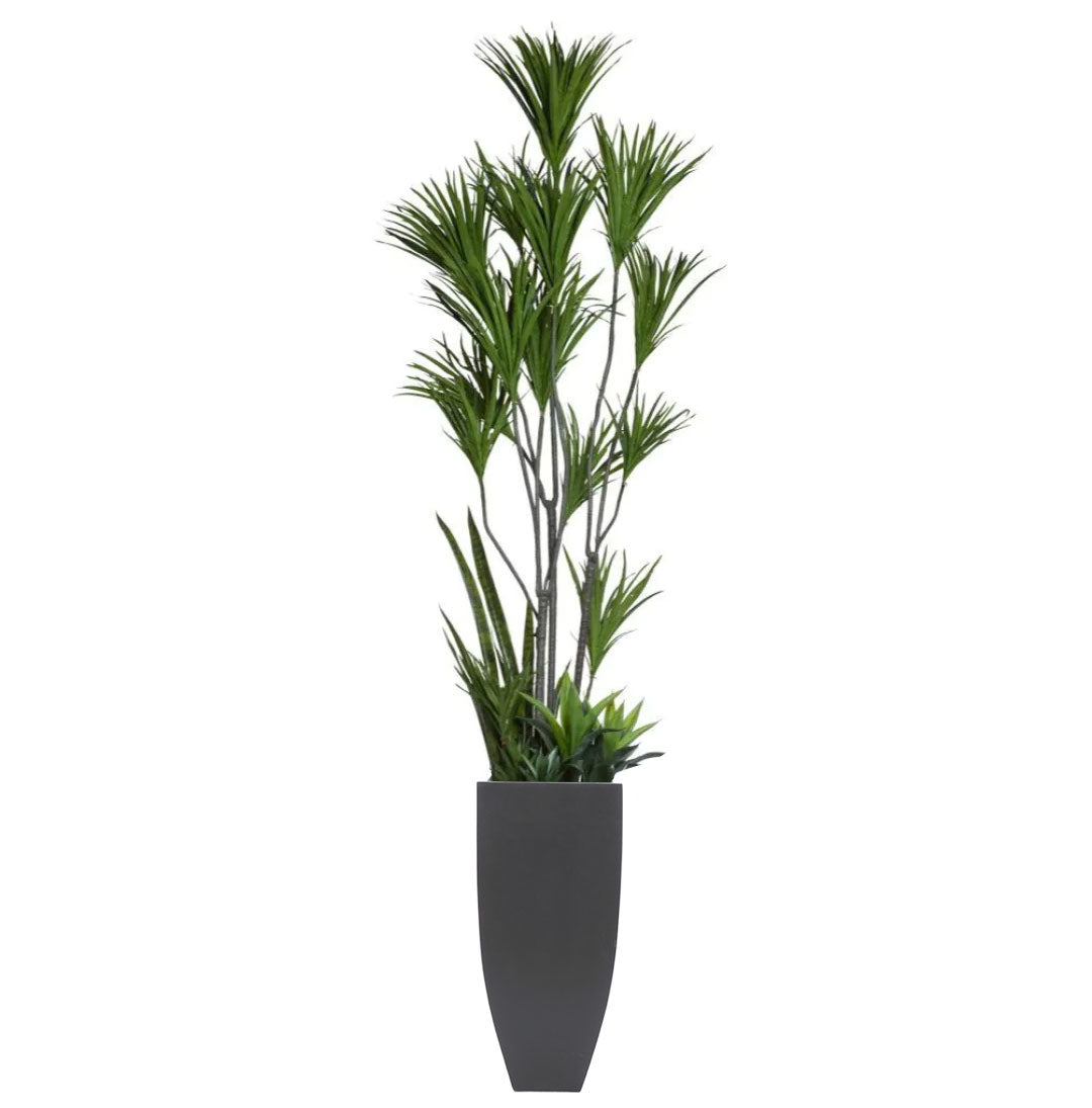 Artificial Dracaena plant arrangement in a tall, modern black planter against white background