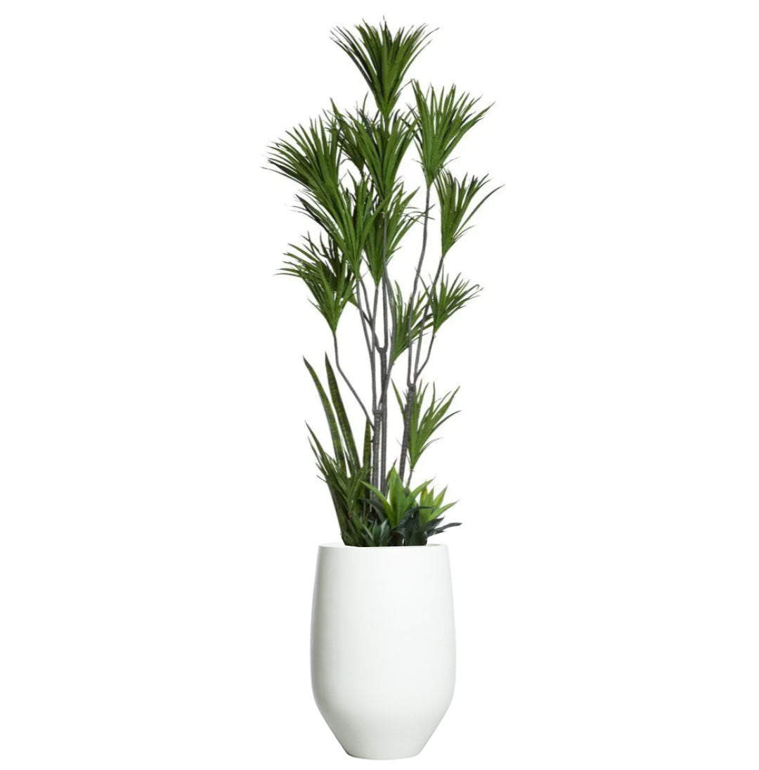 Artificial Dracaena plant with green leaves in a modern white tapered planter