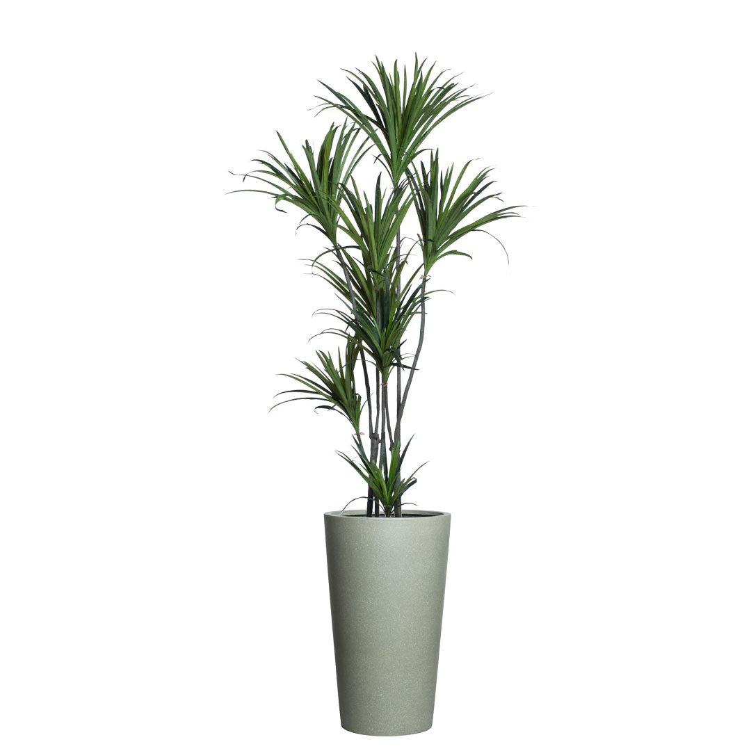 Artificial Dracaena plant with green leaves in a tall greystone pot on white background