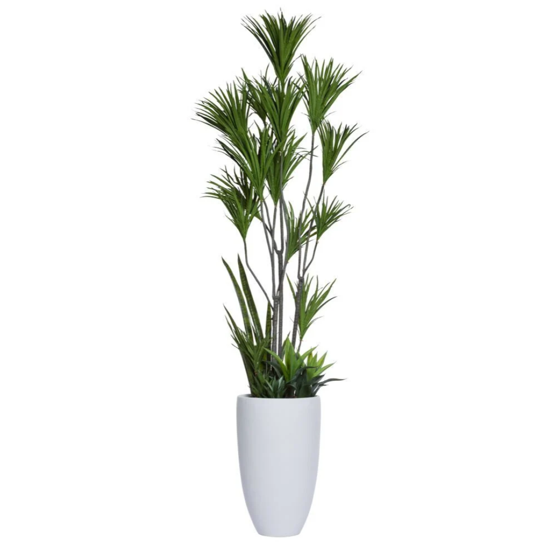 Artificial dracaena plant in tall white pot with realistic green foliage