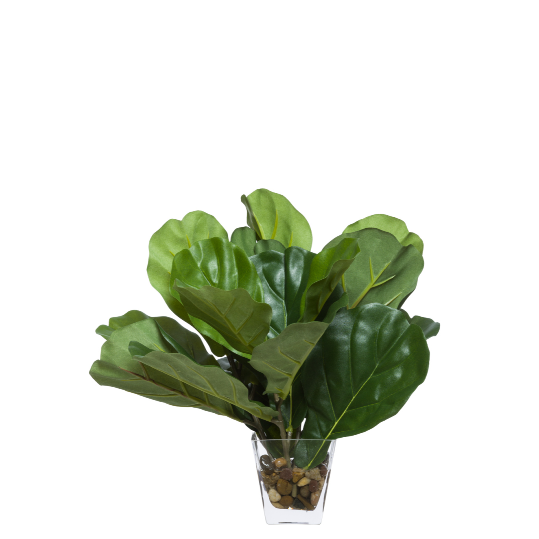 Artificial fiddle leaf fig plant in clear vase with decorative stones, realistic green foliage
