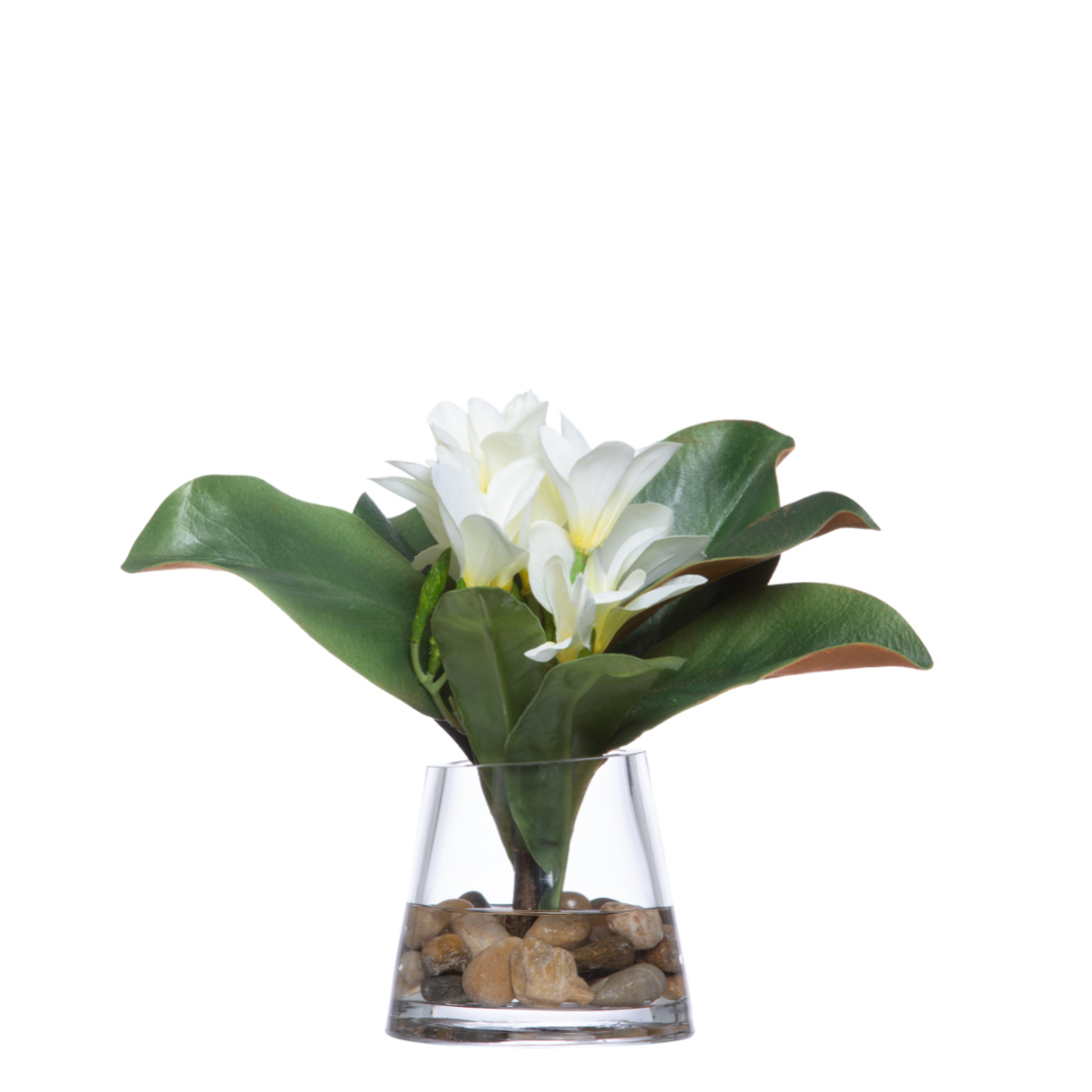Artificial plumeria arrangement with white flowers and green leaves in glass vase with stones