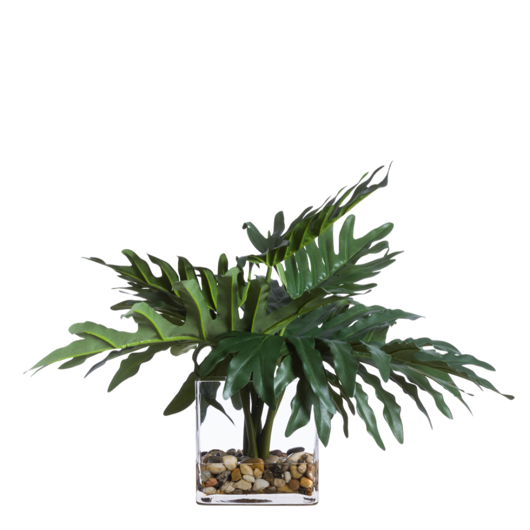Artificial selloum plant in clear glass vase with decorative stones, realistic faux greenery