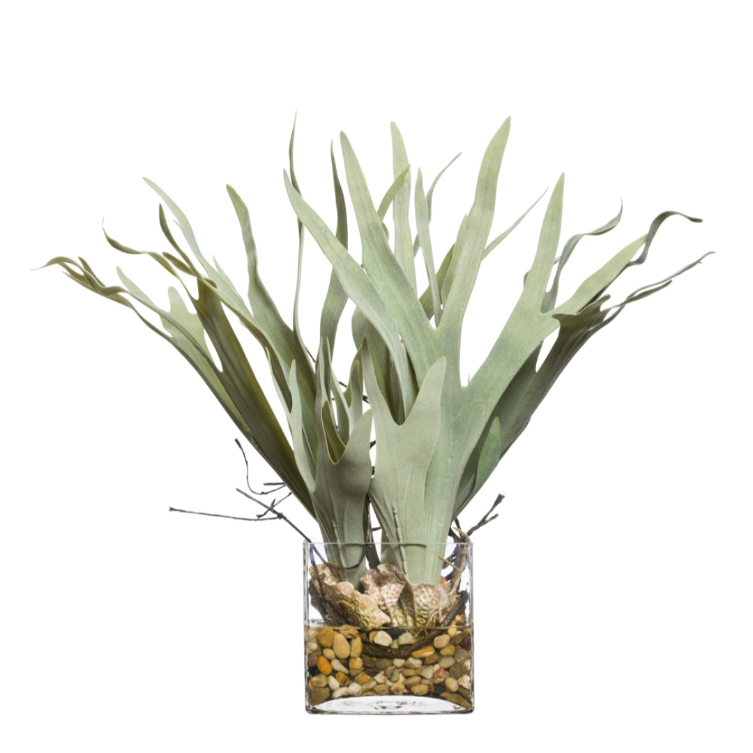Artificial staghorn fern in a clear glass vase with decorative stones