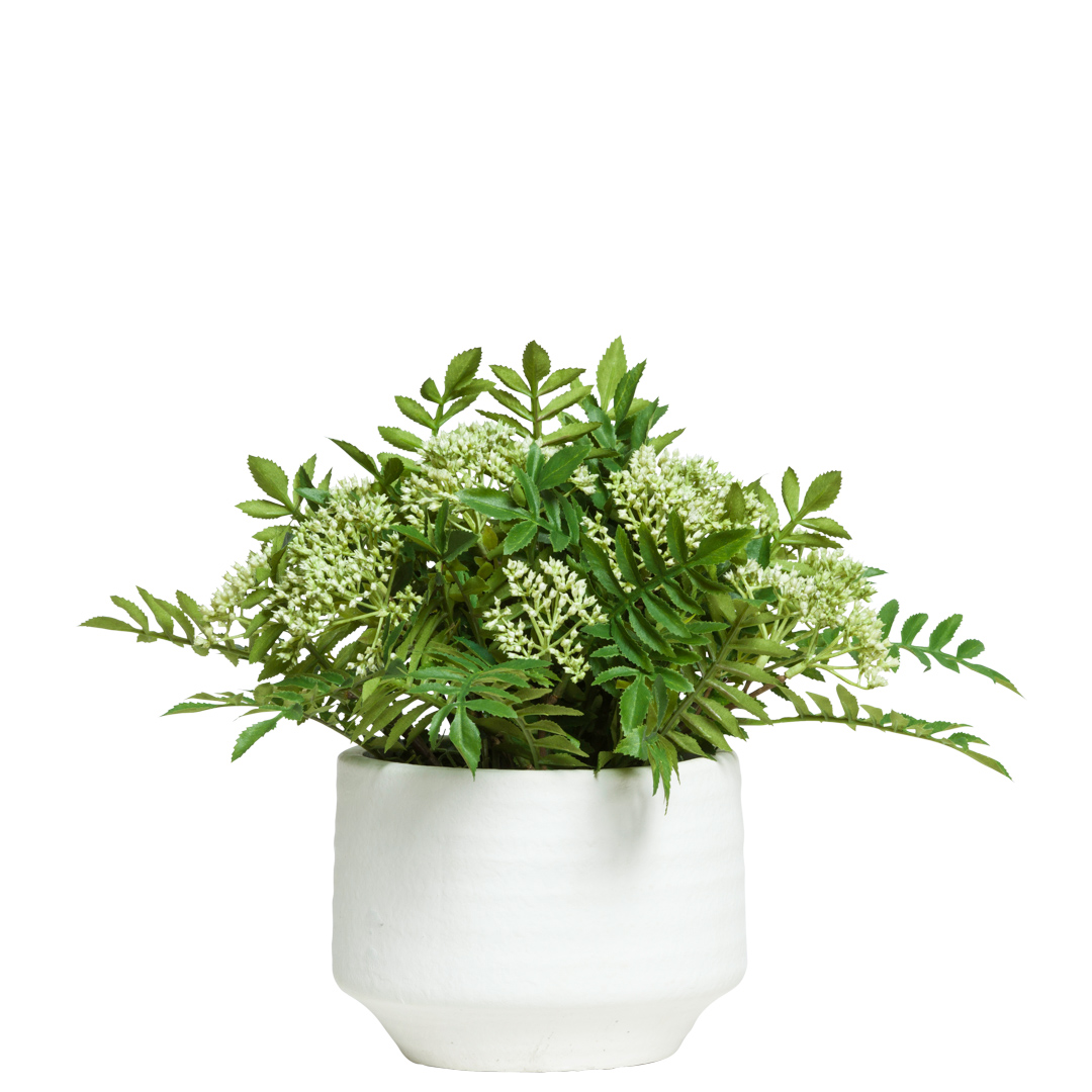 Artificial fern and sorbus arrangement in a white ceramic pot with realistic green foliage
