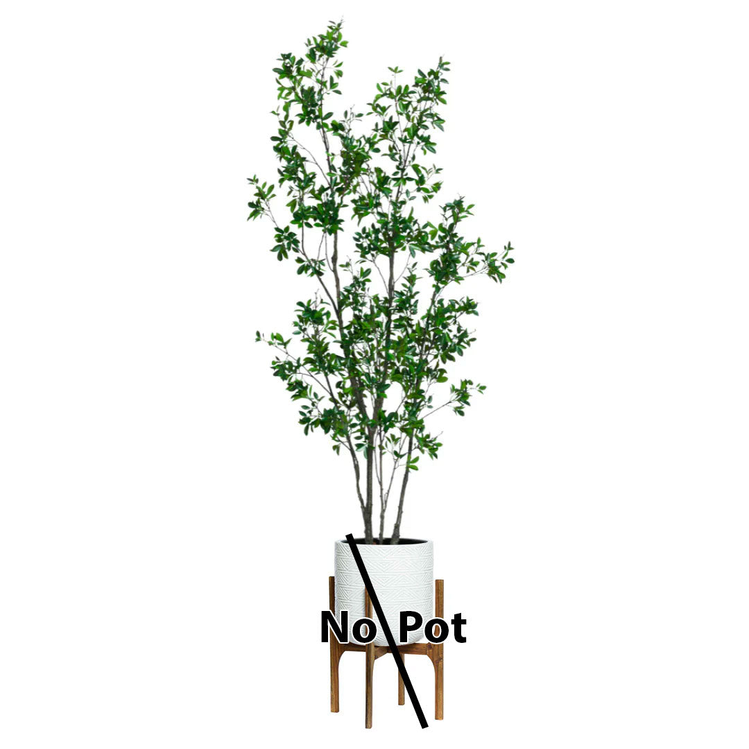 Artificial Ficus Asian tree on wooden stand, no pot included, against white background
