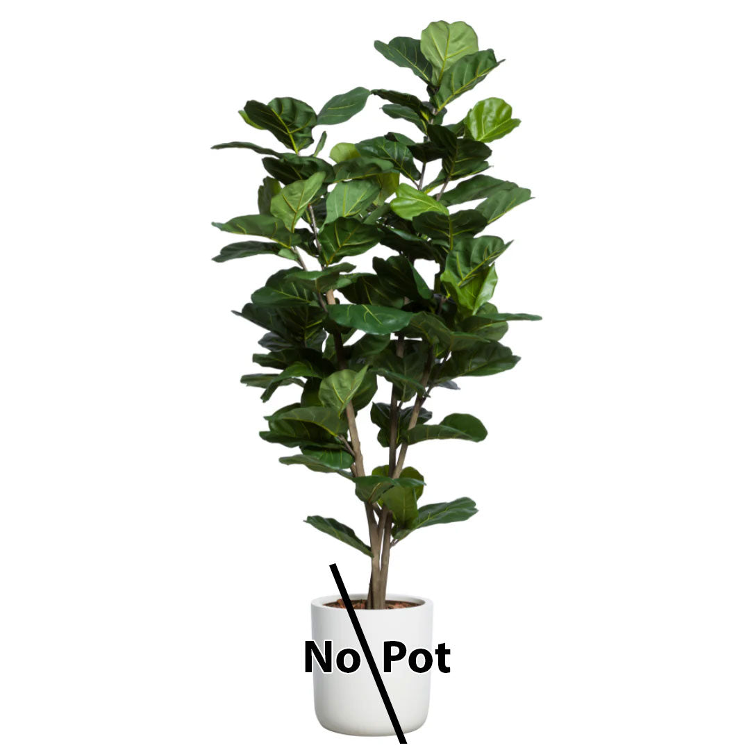Lifelike faux fiddle leaf fig tree with large green leaves, no pot included, on white background.
