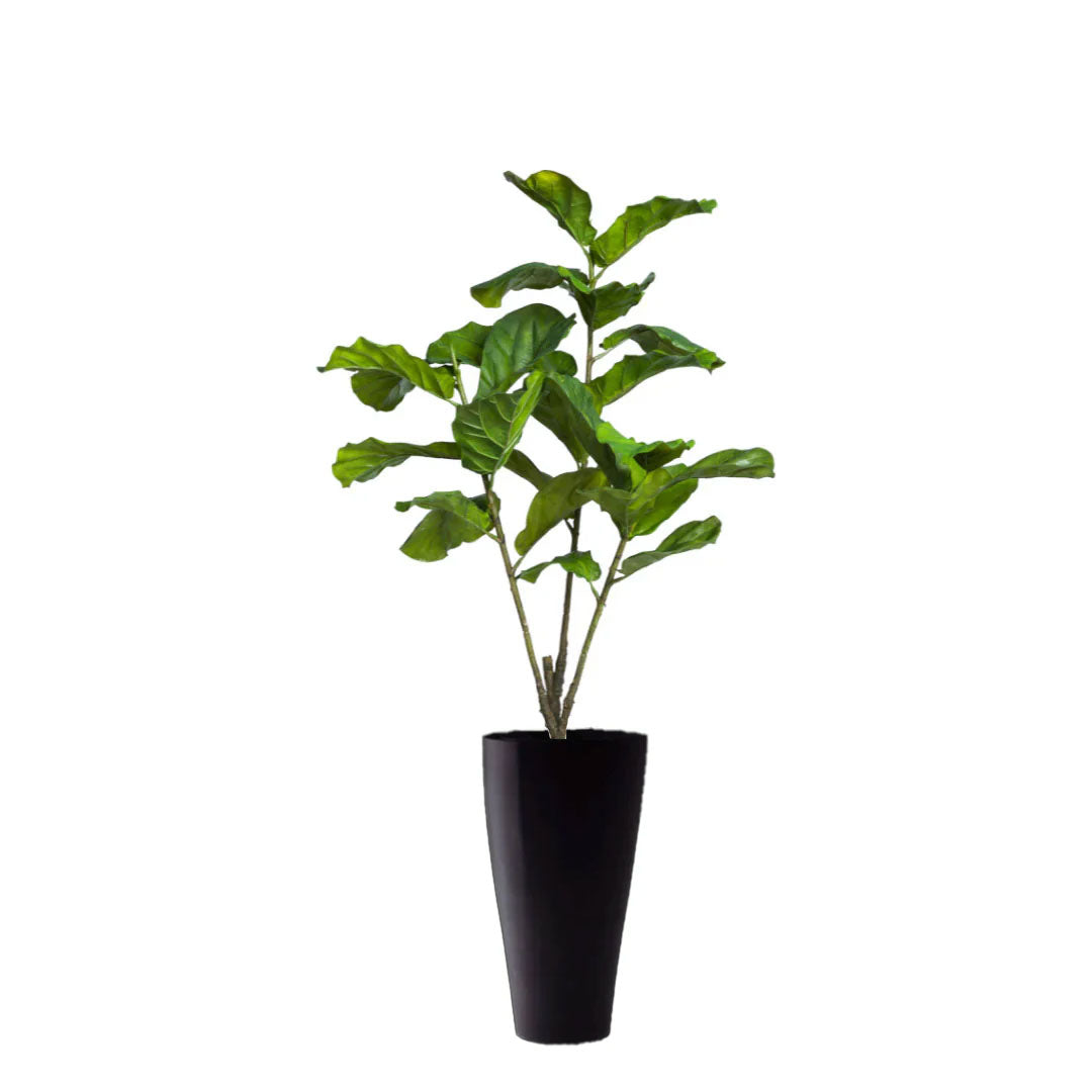 Artificial fiddle leaf fig tree in tall black planter, realistic green foliage