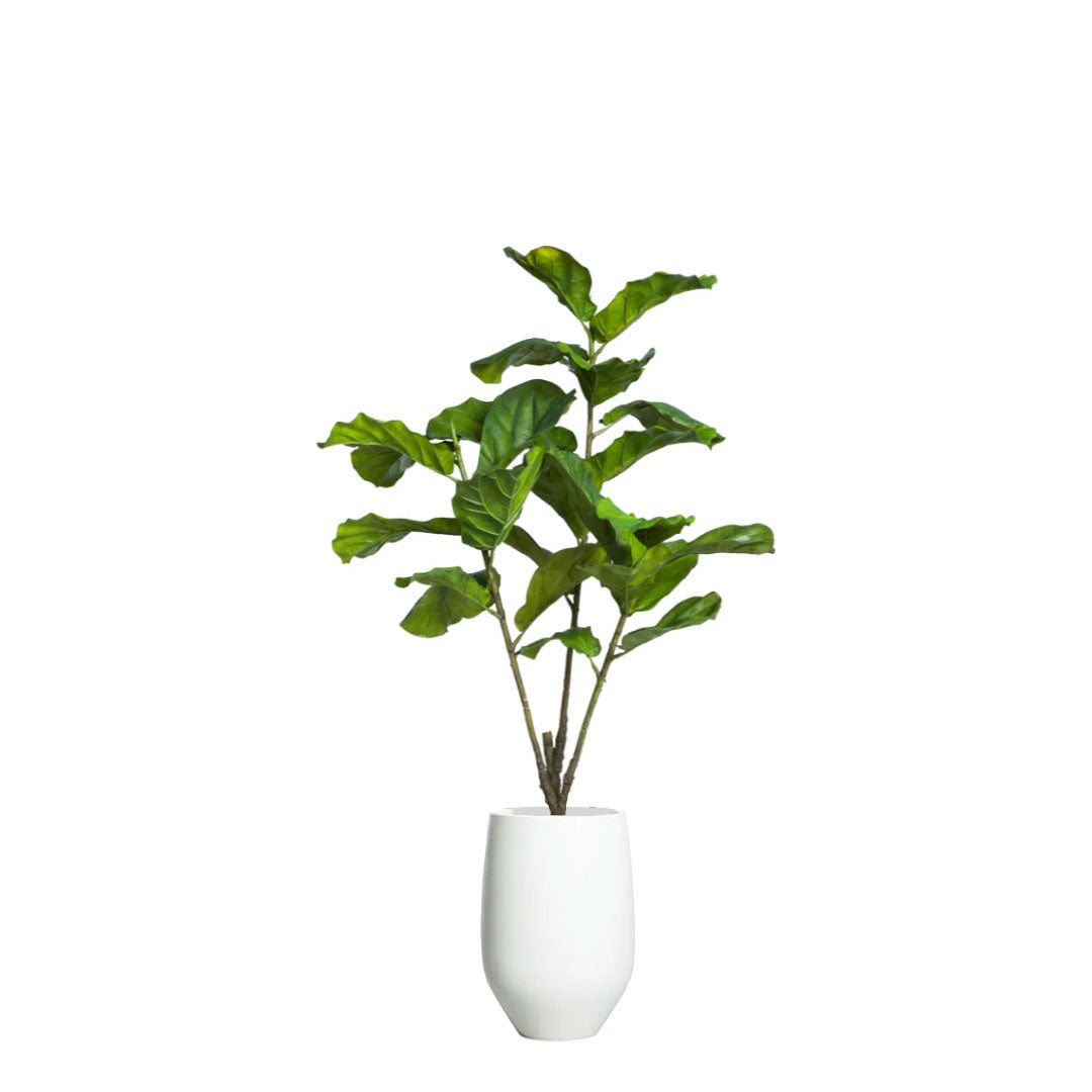 Artificial fiddle leaf fig plant with lush green leaves in a modern white tapered pot