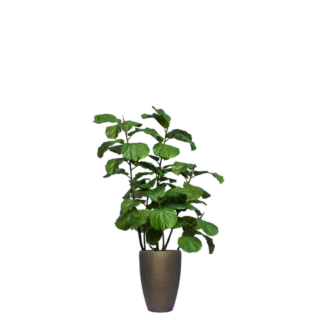 Artificial fiddle leaf fig tree in textured bronze planter, realistic green leaves