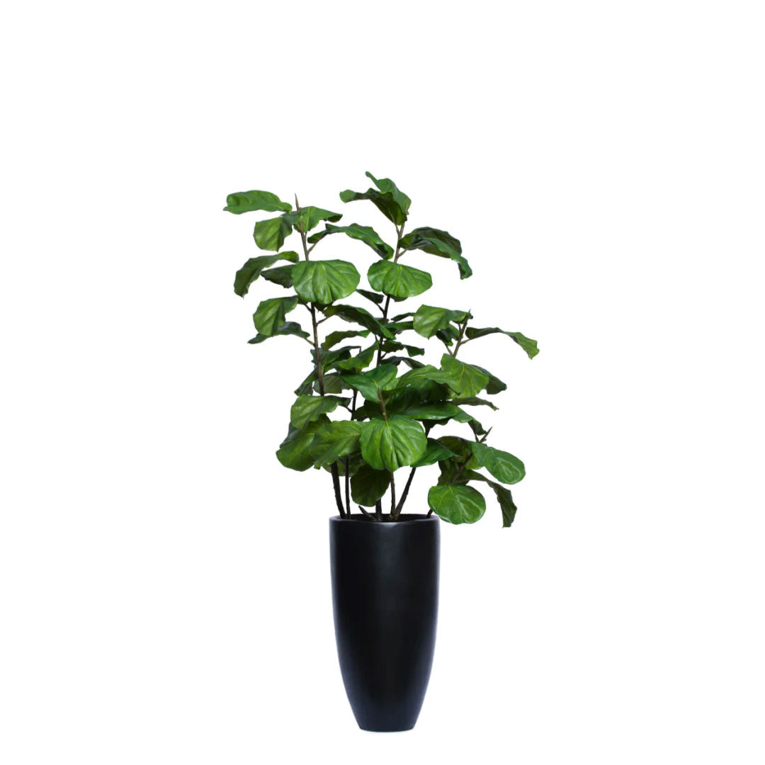 Artificial fiddle leaf fig plant with large green leaves in a tall black planter
