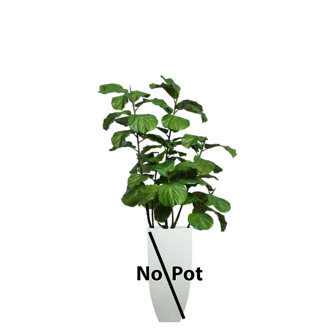 Artificial fiddle leaf fig tree with lush green leaves, shown without a pot on white background.