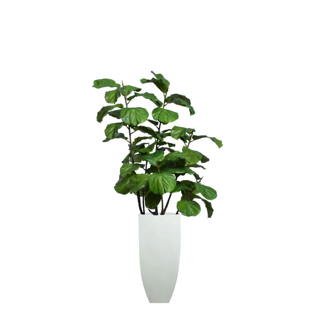 Artificial fiddle leaf fig plant in a tall white planter, lush green leaves, modern decor