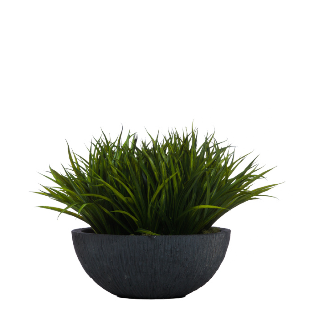 Artificial grass arrangement in a round black bowl planter, modern home decor
