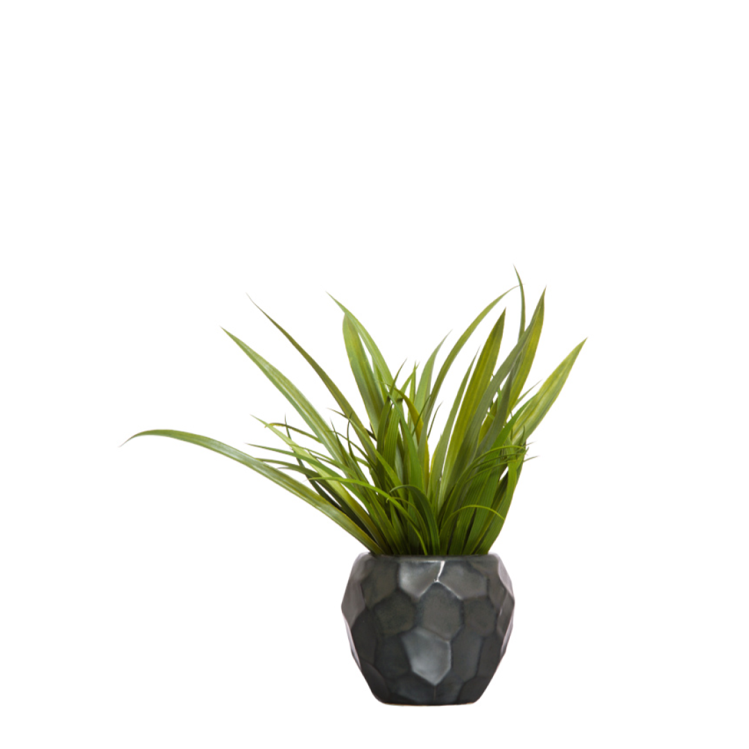 Artificial green grass plant in geometric black pot, modern decorative home accent