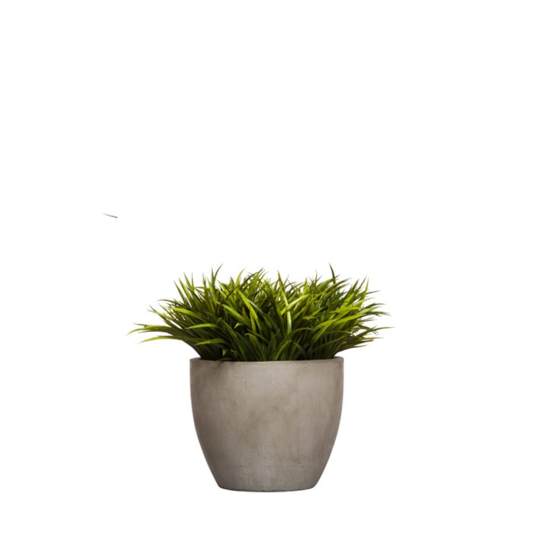 Artificial green grass plant in a round gray pot on white background