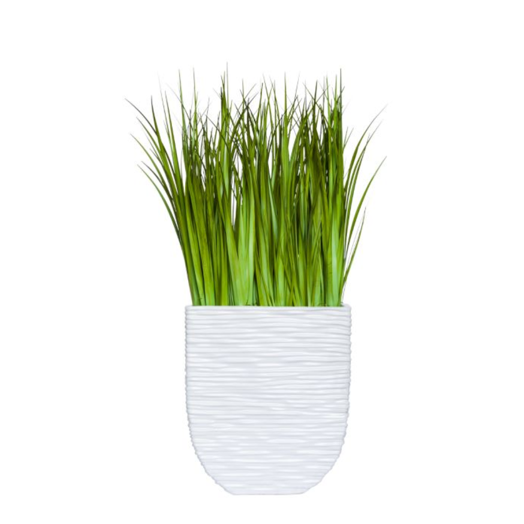 Artificial grass plant in modern white textured pot on white background