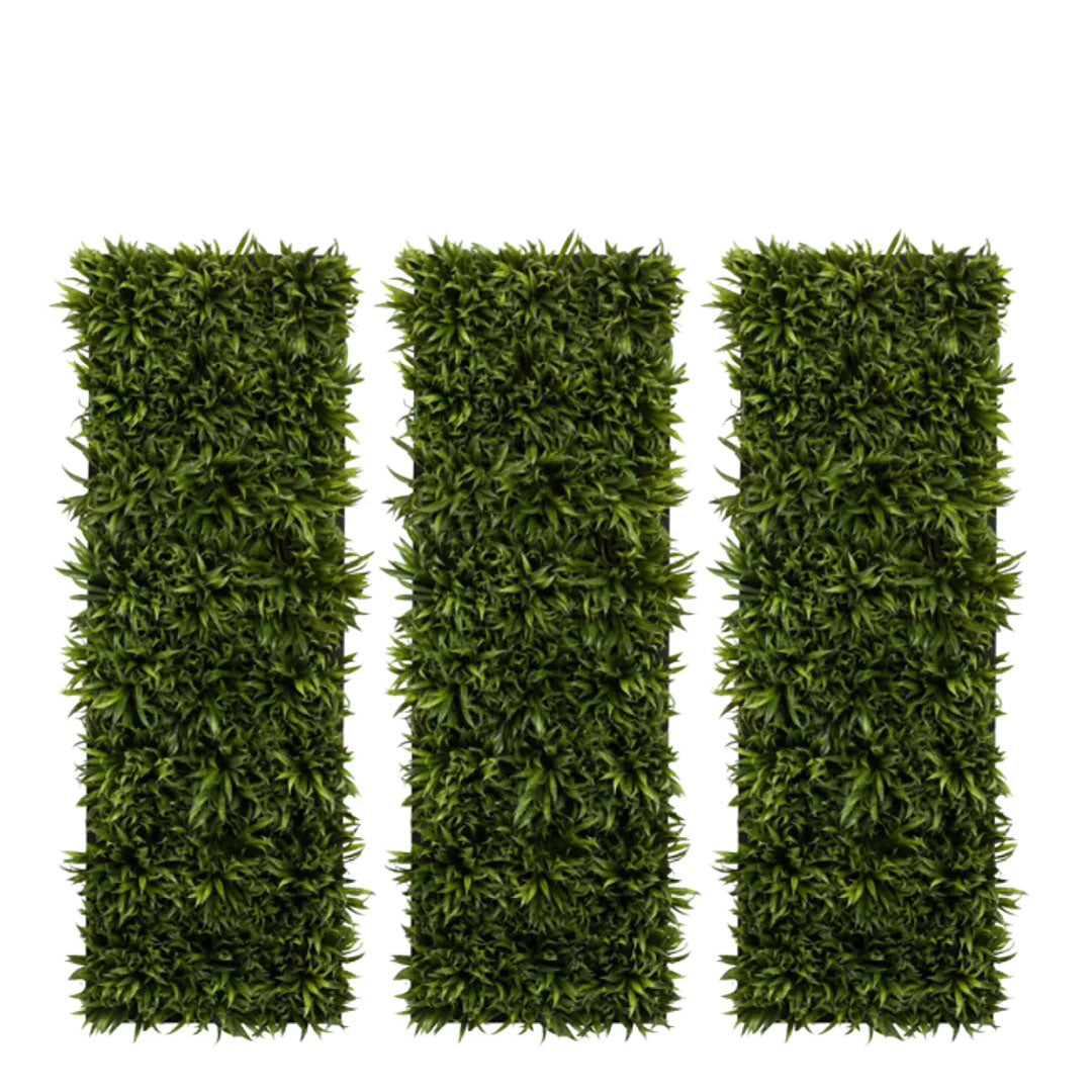 Three vertical artificial mondo grass wall panels with dense green foliage