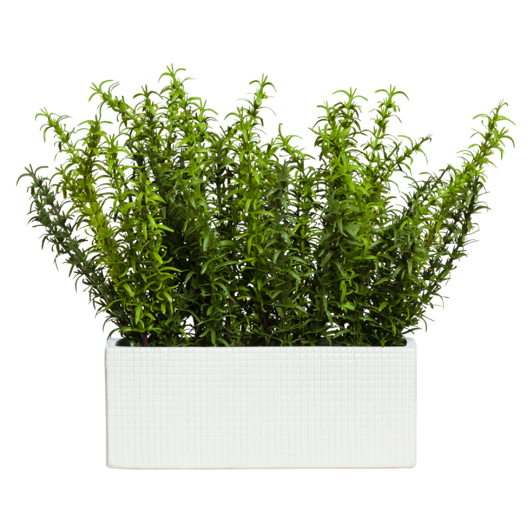 Artificial rosemary grass plant in a modern white rectangular planter