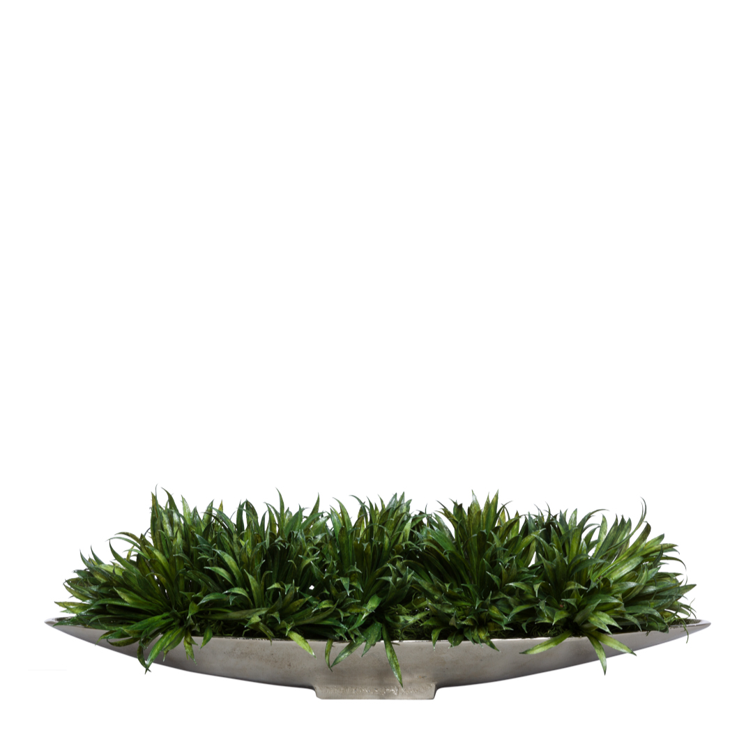Artificial grass rye plant arrangement in a modern silver oval planter