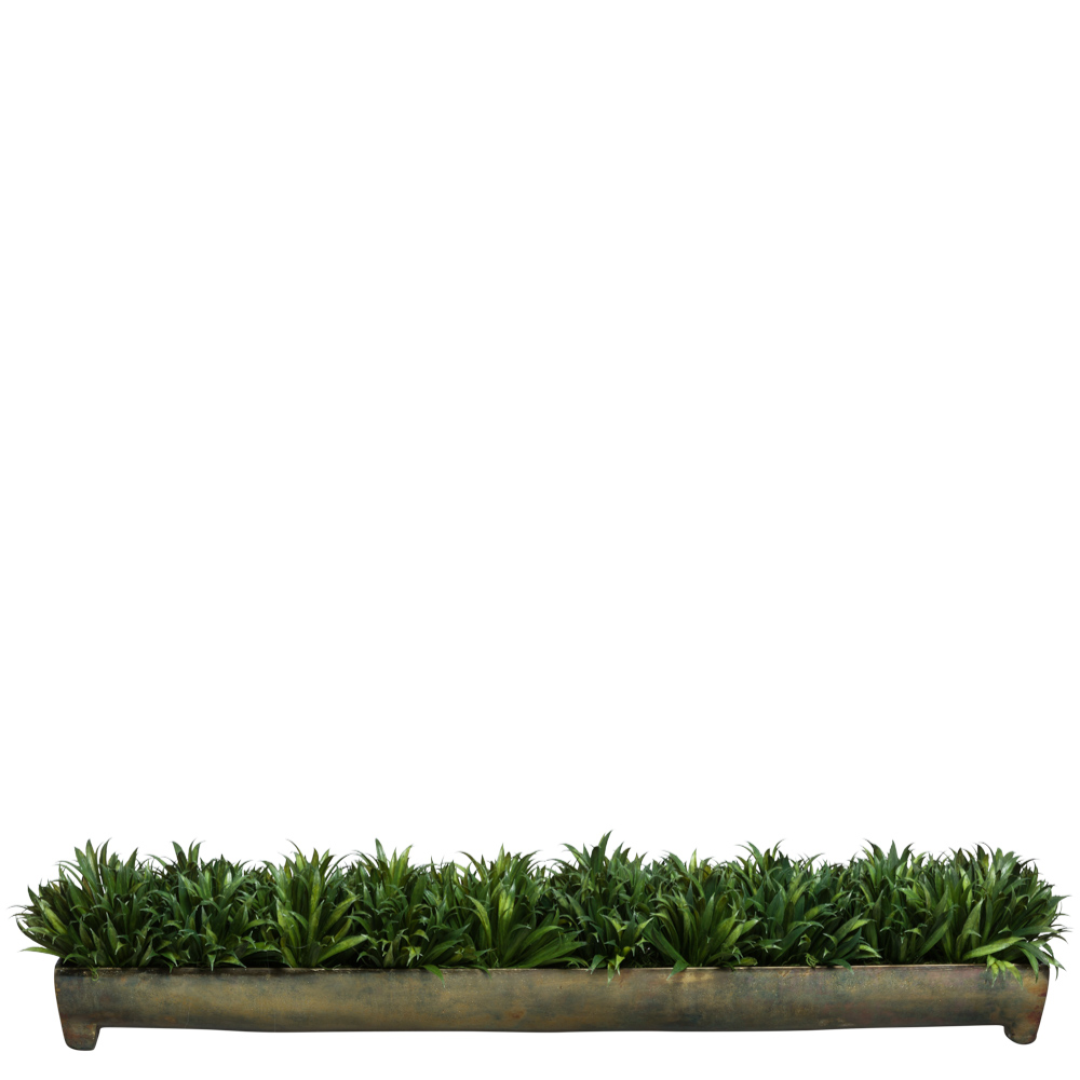 Artificial grass arrangement in a long rustic planter, lifelike decorative greenery