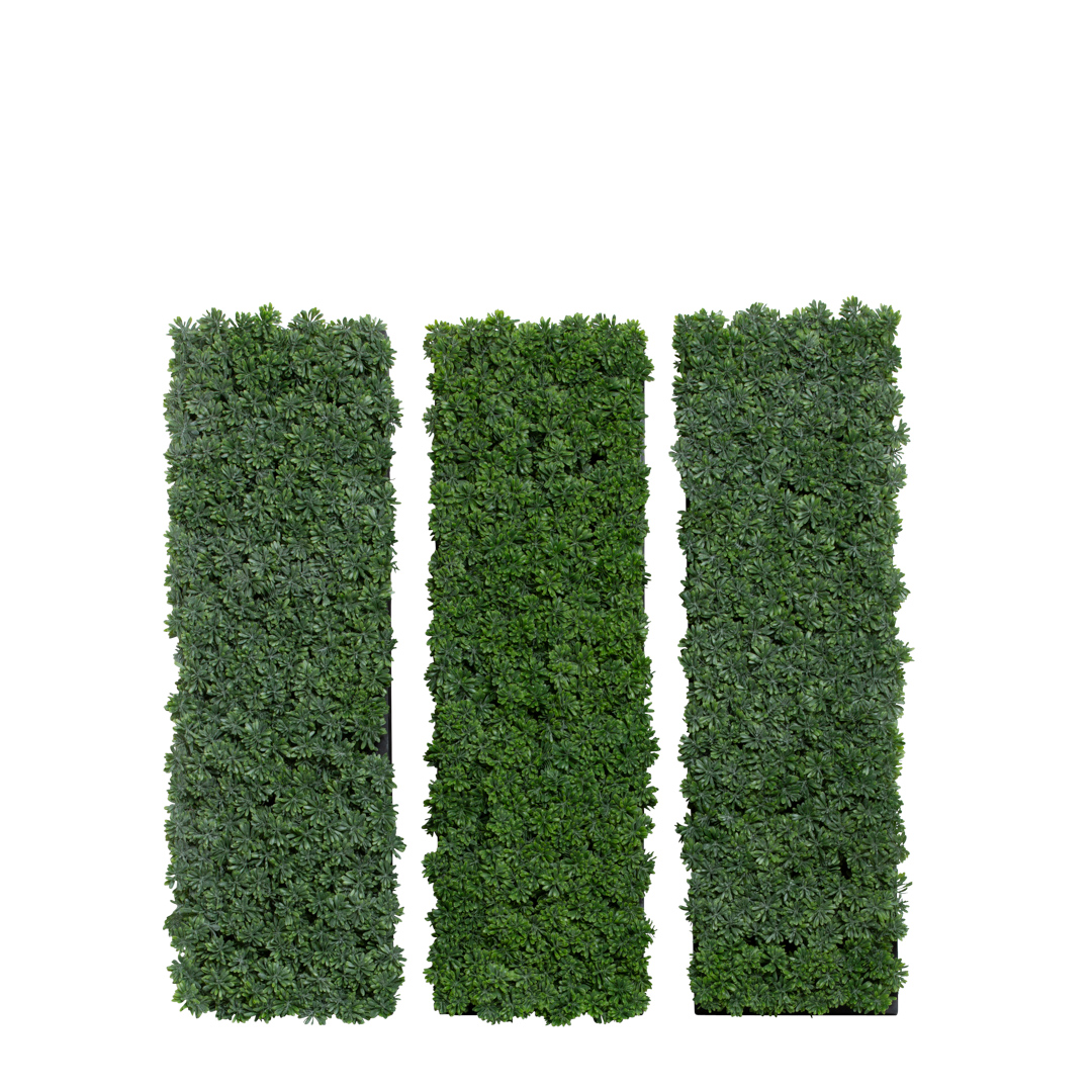 Set of three rectangular artificial grass and succulent wall boxes, vertical orientation
