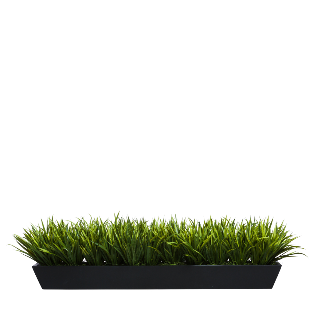 Artificial grass arrangement in a modern black rectangular planter on white background