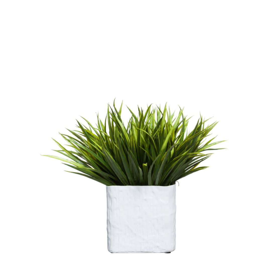 Artificial grass plant in white square planter, realistic faux greenery decor
