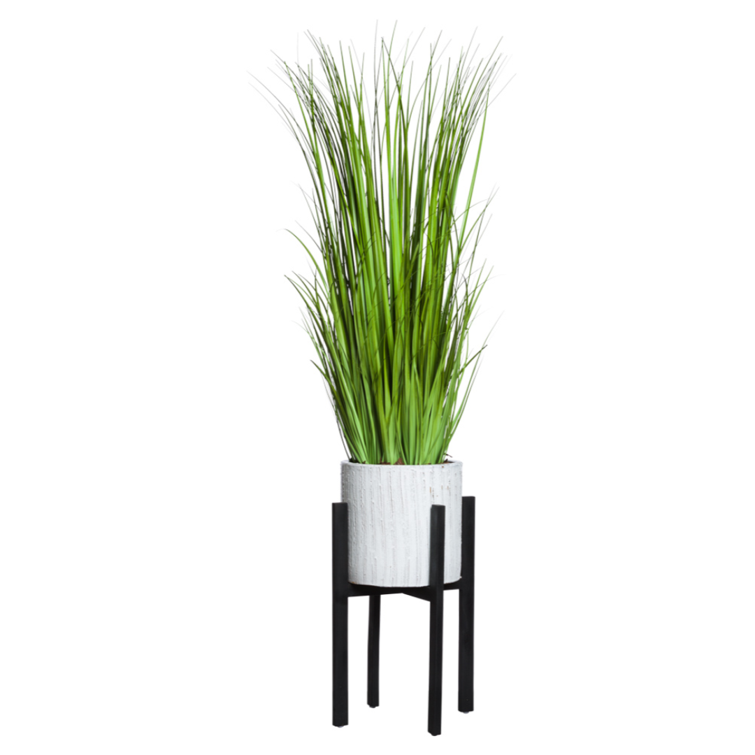 Artificial tall grass plant in textured white pot with black metal stand, modern decor
