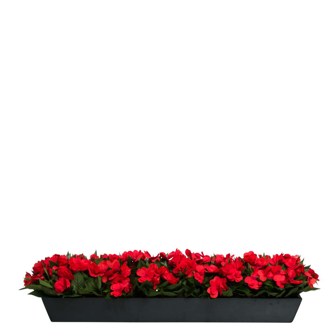Rectangular planter with vibrant artificial red impatiens and lush green leaves