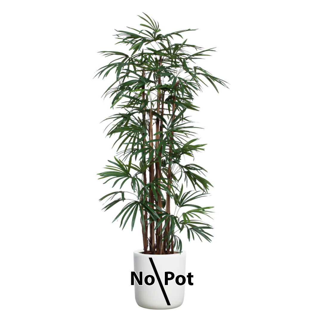 Tall artificial lady finger palm plant with long green fronds, shown without pot, on white background.