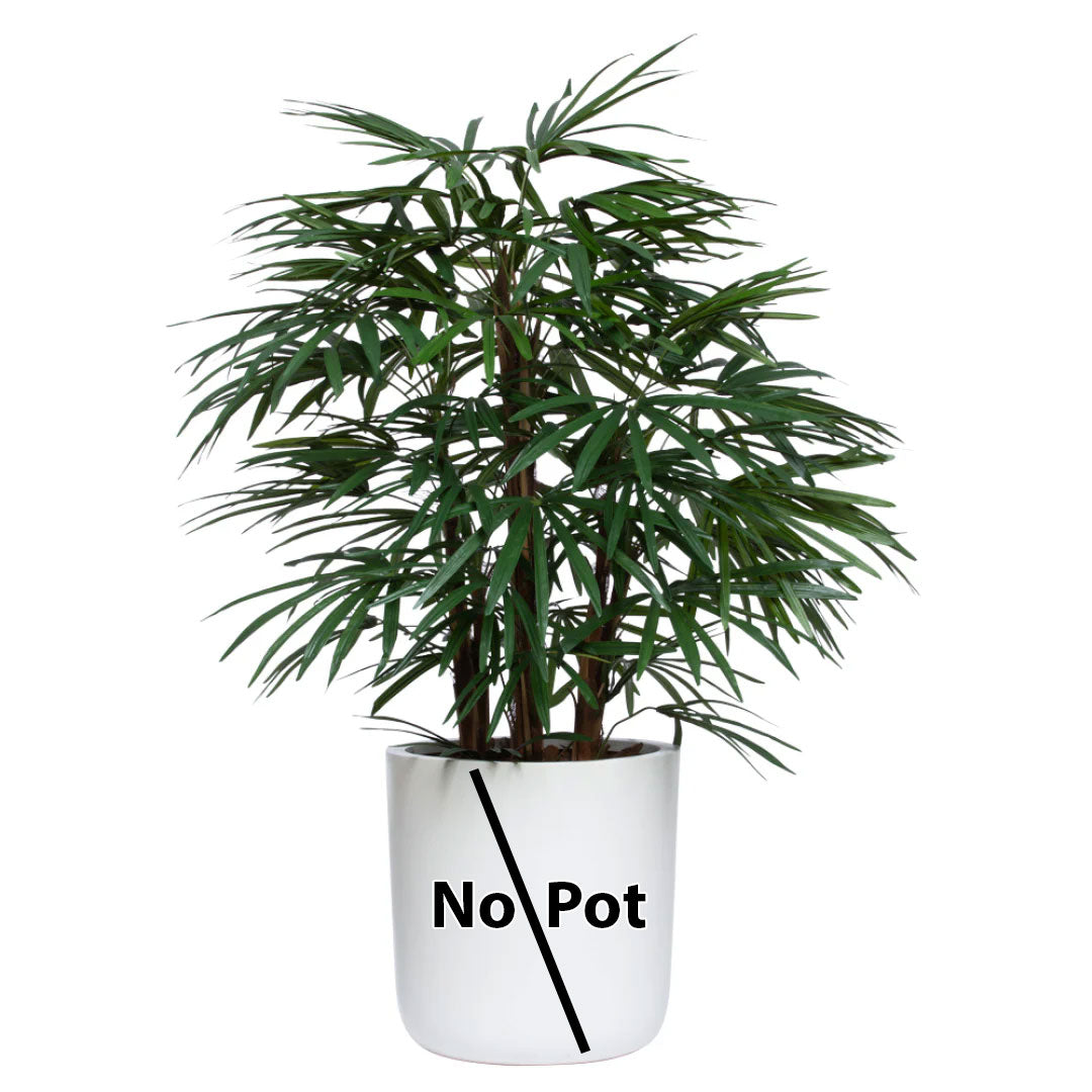 Artificial Lady Finger palm tree with long green leaves in a metallic pot, text reading No Pot.