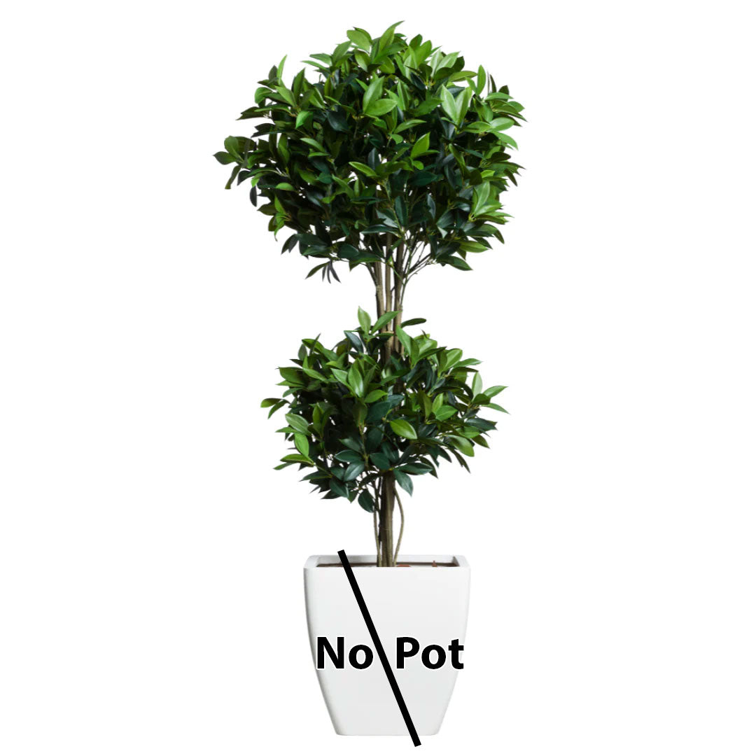 Artificial laurel topiary tree with two leafy spheres, pot not included, on white background